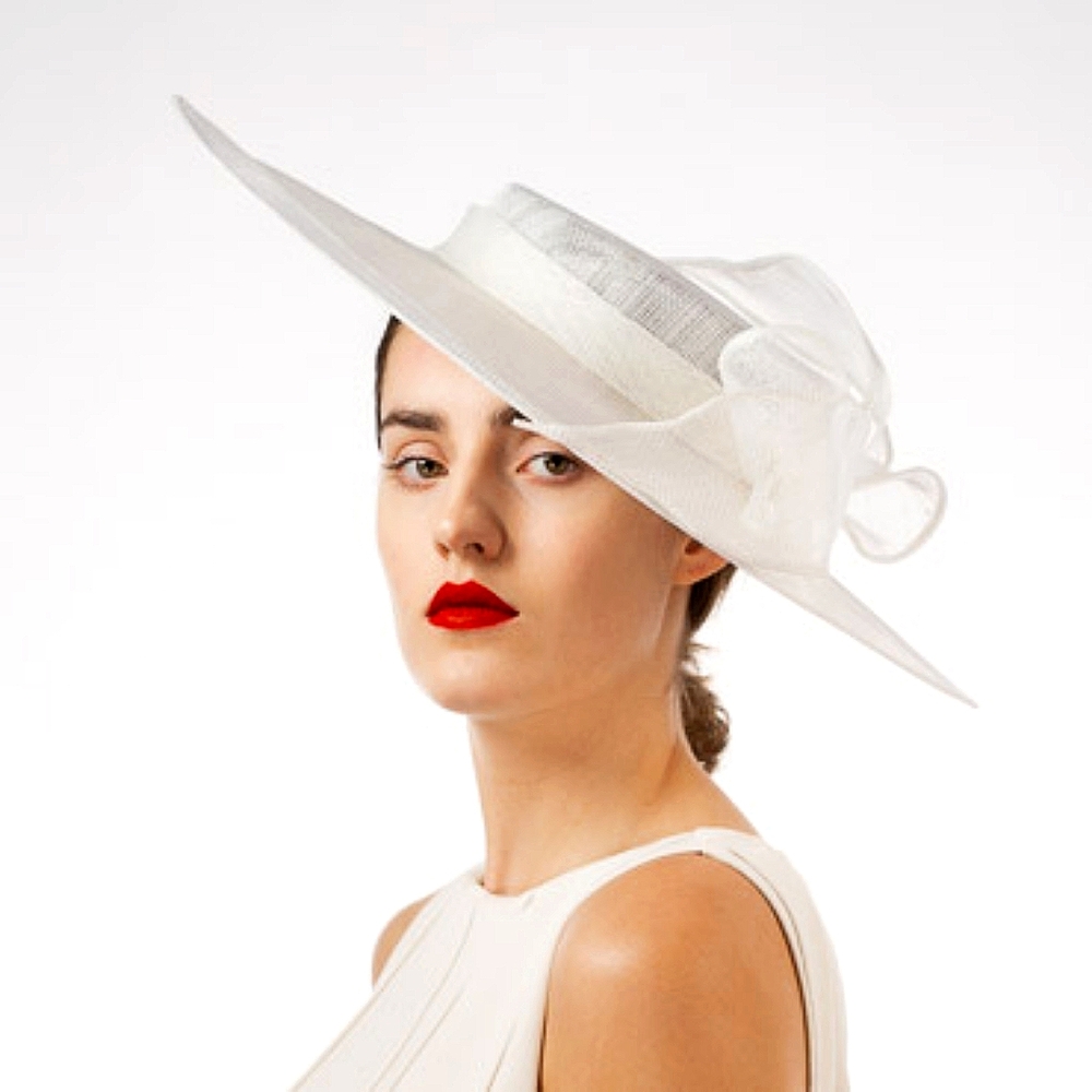 Beloved Millinery Classic White Sinamay Wide Brim Bow Hat Church Brunch Bridal - Picture 4 of 7